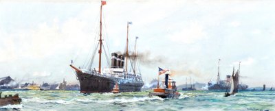 Statek parowy i holownik autorstwa Charles Edward Dixon