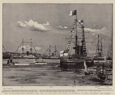 Anglo-portugalska Ententa, wizyta króla i królowej Portugalii w H M S Majestic u wybrzeży Lizbony autorstwa Charles Edward Dixon