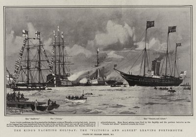 Królewskie wakacje na jachcie, Victoria i Albert wypływają z Portsmouth. autorstwa Charles Edward Dixon