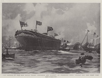 Wodowanie nowego królewskiego jachtu Victoria and Albert w Pembroke Dock po raz pierwszy na wodzie autorstwa Charles Edward Dixon