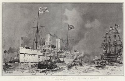 Powrót księcia i księżnej Kornwalii i Yorku, przybycie statku "Ophir" do portu w Portsmouth autorstwa Charles Edward Dixon