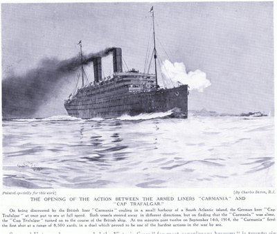 Akcja otwarcia między uzbrojonymi liniowcami Carmania i Cap Trafalgar na południowym Atlantyku, wrzesień 1915 r. autorstwa Charles Edward Dixon