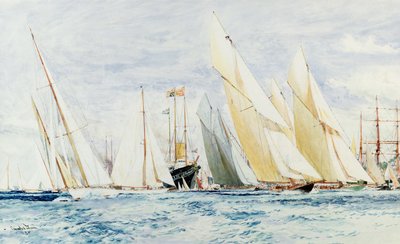 Twenty Seconds to Go: "White Heather", "Cambria", "Alstra", "Westward", "Britannia", "Lulworth" i "Shamrock", jachty w Cowes, autorstwa Charles Edward Dixon