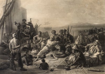 "Scena na wybrzeżu Afryki": niewolnicy i właściciele niewolników czekają na transport za granicę. autorstwa Charles Edward Wagstaff