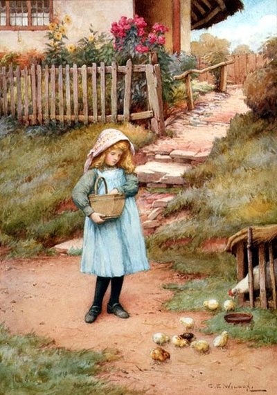 Karmienie piskląt (akwarela) autorstwa Charles Edward Wilson