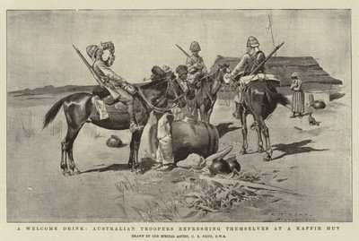 Drink powitalny, australijscy żołnierze orzeźwiają się w Kaffir Hut autorstwa Charles Edwin Fripp
