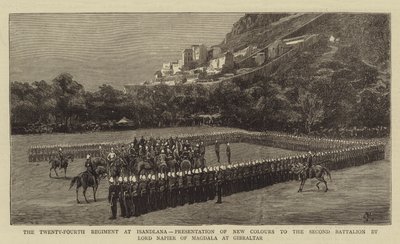 Dwudziesty czwarty pułk w Isandlana, prezentacja nowych kolorów drugiemu batalionowi przez Lorda Napiera z Magdali w Gibraltarze autorstwa Charles Edwin Fripp
