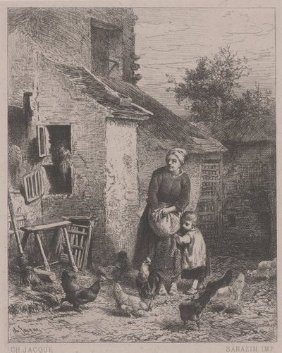 A Corner of Court, czyli Un Coin de Cour (akwaforta, grawerowanie i sucha igła) autorstwa Charles Emile Jacque