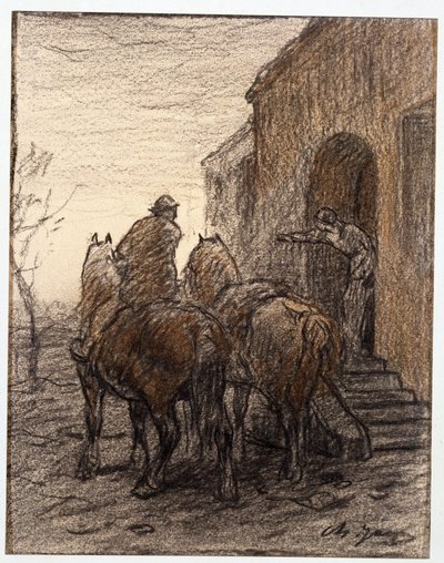 Chłop z dwoma końmi i kobietą wskazującą drogę autorstwa Charles Emile Jacque