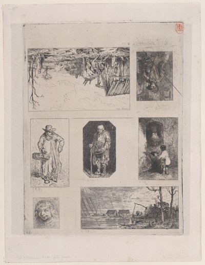Krajobraz podwórza a, Siedzący chłop b, Żebrak c, Żebrak d, Mały żebrak e, Hea..., 1844. autorstwa Charles Emile Jacque