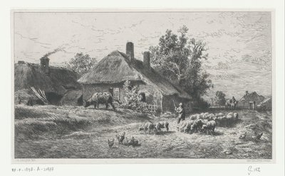 Pasterz ze stadem na drodze wzdłuż gospodarstwa autorstwa Charles Emile Jacque