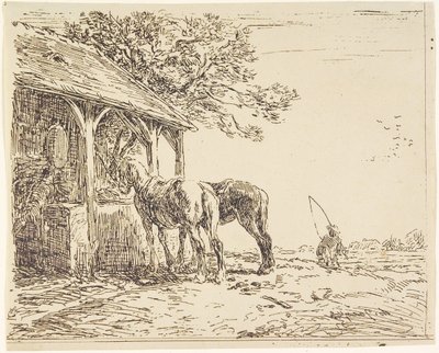 Konie w stajni, XIX w. (cliché verre lub heliograf) autorstwa Charles Emile Jacque