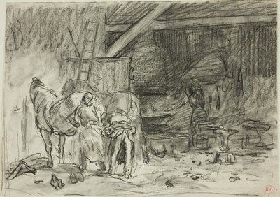 Wnętrze kuźni (recto); mężczyzna pochylający się, widziany z lektury (verso) autorstwa Charles Emile Jacque