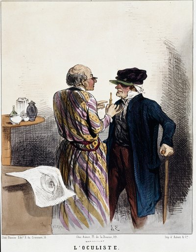 Seria „chory i lekarze””: okulista. Kreskówka lekarza podczas konsultacji lekarskiej pacjenta dla jego oczu. Grawerowanie Charlesa Jacquesa autorstwa Charles Emile Jacque