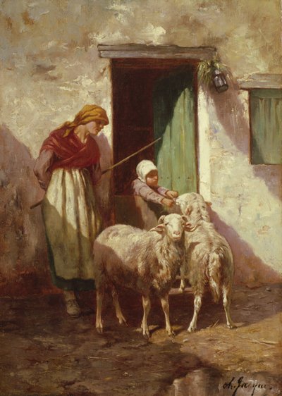 Pasterka z dzieckiem i dwiema owcami autorstwa Charles Emile Jacque
