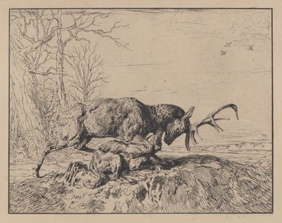 Jeleń walczący z wilkiem, wg Antoine Louis Barye, 1846. autorstwa Charles Emile Jacque