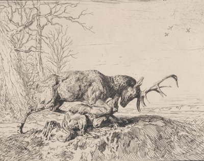 Jeleń walczący z wilkiem, wg Antoine Louis Barye, 1846. autorstwa Charles Emile Jacque