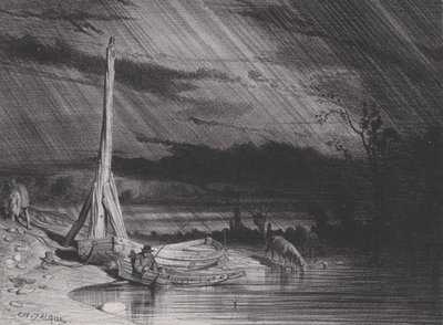 Rybak, Deszczowa pogoda, ca. 1853. autorstwa Charles Emile Jacque