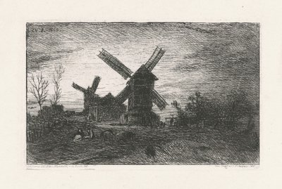 Dwa wiatraki na Montmartrze autorstwa Charles Emile Jacque