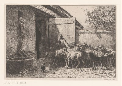 Kobieta prowadząca owce do stajni Bergerie autorstwa Charles Emile Jacque
