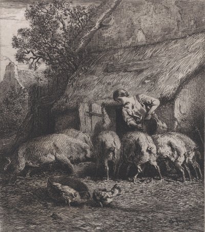 Kobieta karmiąca świnie, 1850. autorstwa Charles Emile Jacque