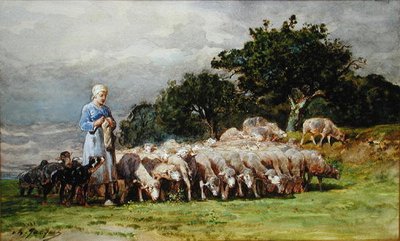 Pasterka ze stadem owiec (akwarela na papierze) autorstwa Charles Emile Jacques
