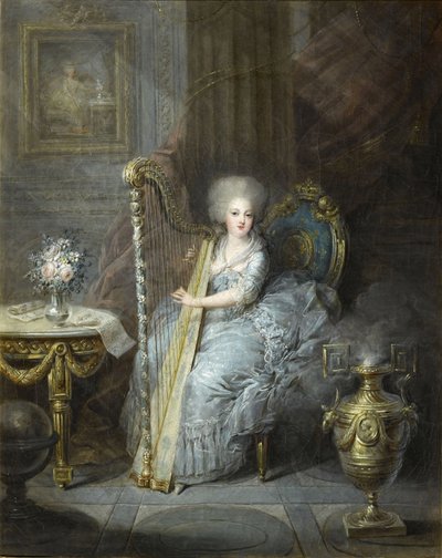 Madame Élisabeth grająca na harfie autorstwa Charles Emmanuel Joseph Leclercq