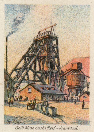 Republika Południowej Afryki: Kopalnia złota na rafie, Transvaal (kolorowa litografia) autorstwa Charles Ernest Peers