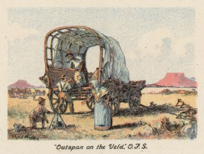 Republika Południowej Afryki: "Outspan on the Veld", OFS (kolorowa litografia) autorstwa Charles Ernest Peers