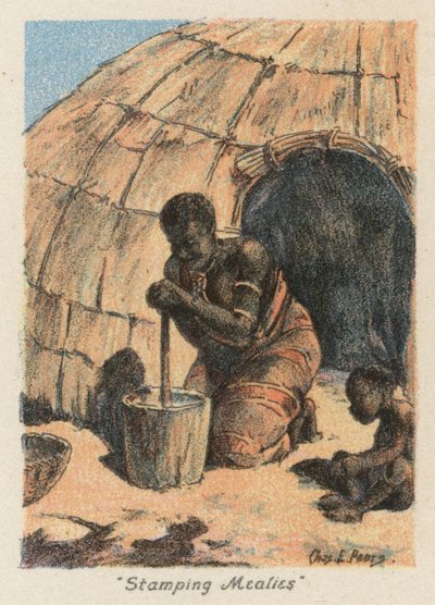 Republika Południowej Afryki: "Stamping Mealies" (kolorowa litografia) autorstwa Charles Ernest Peers