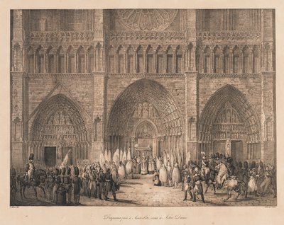 Flagi zrobione w Austerlitz odebrane w Notre Dame, początek XIX w. (lito) autorstwa Charles Etienne Pierre Motte