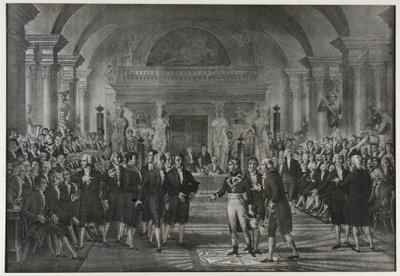 Przyjęcie Napoleona Bonaparte w Instytucie, klasa fizyki i matematyki, sekcja sztuk mechanicznych 25 grudnia autorstwa Charles Etienne Pierre Motte