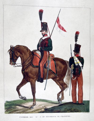 Mundury konnego 9 i 10 pułku chasseurów, 1823 r. autorstwa Charles Etienne Pierre Motte