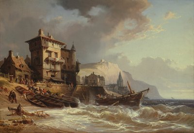 Wyciąganie łodzi na brzeg na wybrzeżu Bretanii, XIX wiek autorstwa Charles Euphrasie Kuwasseg