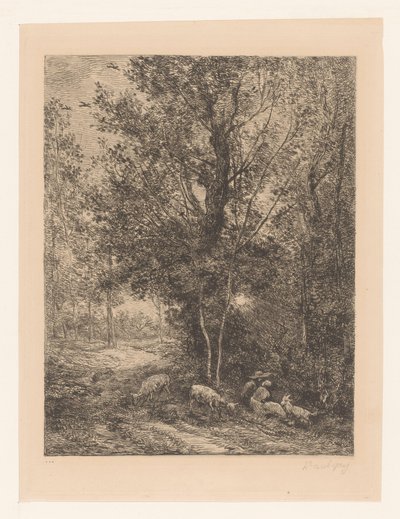 Las z odpoczywającymi pasterzami Le berger et la bergere autorstwa Charles Francois Daubigny