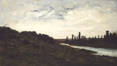 Pasterze i bydło w zalesionym krajobrazie rzecznym autorstwa Charles Francois Daubigny
