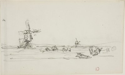 Krajobraz w Holandii (recto); Szkic wiatraków nad wodą (verso) autorstwa Charles Francois Daubigny