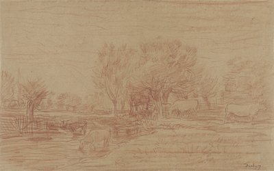Krajobraz z pasącymi się i pijącymi krowy oraz obserwującym bykiem autorstwa Charles Francois Daubigny