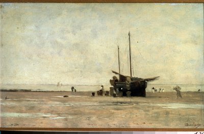 ""Seascape"" Żaglówka na piasku podczas odpływu. Obraz Charlesa Francois Daubigny (1817-1878) 1868-1872 Muzeum Puszkina, Moskwa autorstwa Charles Francois Daubigny