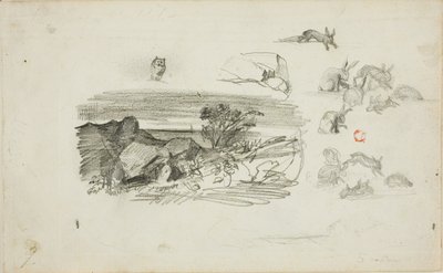 Szkice: Skalista sceneria i króliki autorstwa Charles Francois Daubigny