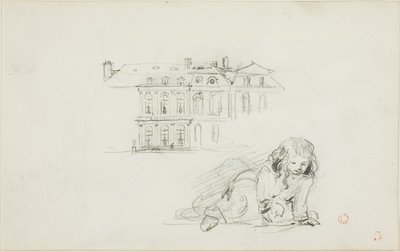 Szkice: Hotel de Ville, Tours i bawiąca się dziewczynka (recto); Bocian (verso) autorstwa Charles Francois Daubigny