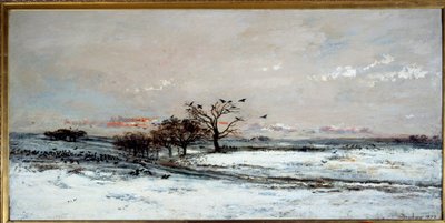 Śnieżny krajobraz w zachodzącym słońcu. Obraz Charlesa Francois Daubigny (1817-1878) autorstwa Charles Francois Daubigny