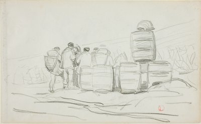 Studium grupy ludzi z beczkami (recto); Dwa studia kobiety sprzątającej (verso) autorstwa Charles Francois Daubigny