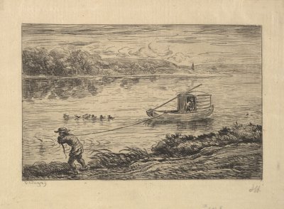 Chłopiec pokładowy ciągnie łódź, 1861. autorstwa Charles Francois Daubigny
