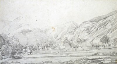 Widok budynków w otoczonej murem zagrodzie z górami w tle, połowa XIX wieku autorstwa Charles Francois Daubigny