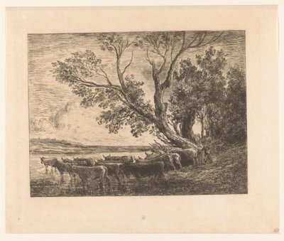 Krajobraz z brodzącym bydłem le gue autorstwa Charles François Daubigny (attributed to)