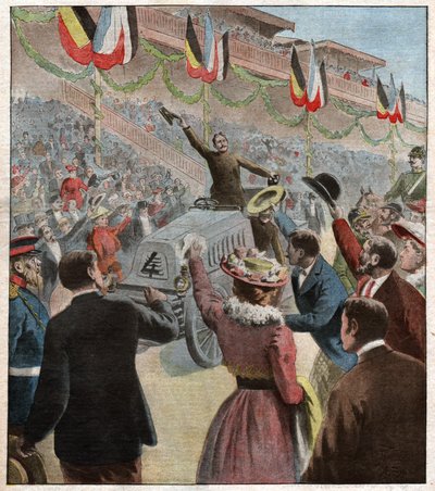 Przyjazd wyścigu Paryż Berlin do Berlina: zwycięzca Henry Fournier autorstwa Charles Gaston Yrondy