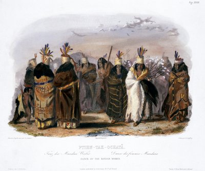 „Ptihn-Tak-Ochata, Taniec Kobiet Mandan”, 1843 autorstwa Charles Geoffroy