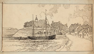 Żaglówka na plaży podczas odpływu, przy ścieżce prowadzącej do wioski autorstwa Charles George Harper