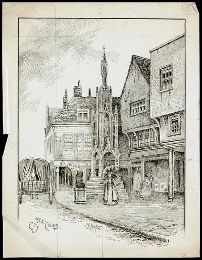 Widok z północno-zachodniej części Butter Cross, High Street, Winchester, Hampshire (pióro i atrament na papierze) autorstwa Charles George Harper